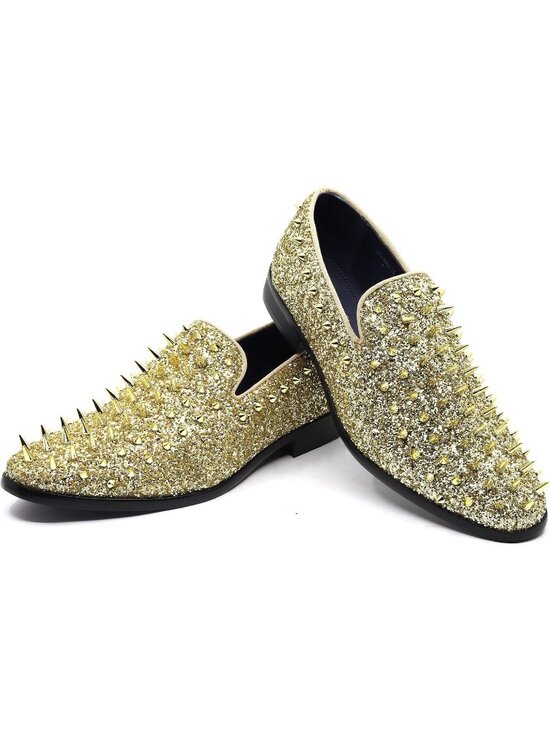 Metrocharm Men\'s Gold Sparkly Glitter Spike Sequin Tuxedo Loafer Slip On Shoes main image 6